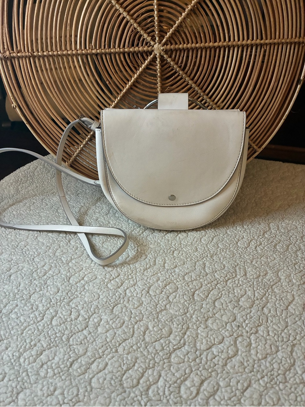 Theory Ivory Leather Ring Handle Crossbody Saddle Bag Silver Hardware